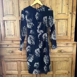 Whistles Navy Blue‎ Gray Floral Silk Blend Dress Long Sleeves Feminine